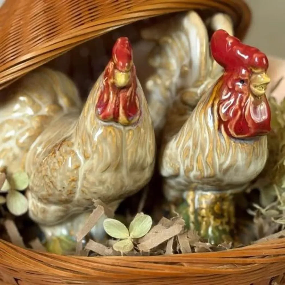 Vintage Rooster Basket Decor | Farmhouse Chicken Basket | Cottage Kitchen Decor
